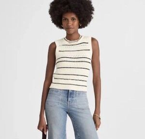 Madewell Cotton Sweater Vest Medium Cream Jet Black Mini Striped Knit Minimalist